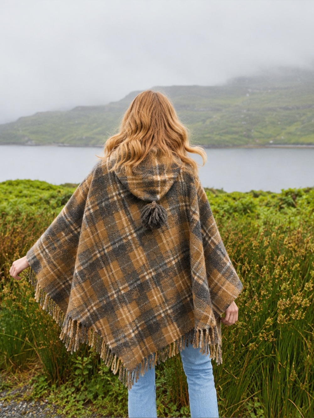 Hooded Plaid Poncho